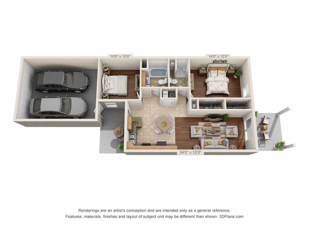 Floor plan for 2 beds, 2 baths, 1002 sqft